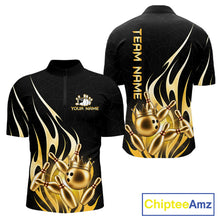 Load image into Gallery viewer, Black and gold bowling ball crown quarter zip bowling shirt for men, custom bowling team jersey and tournament apparel.