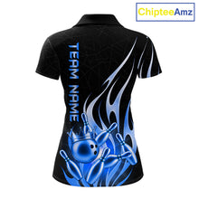 Load image into Gallery viewer, Black and blue bowling ball crown custom bowling polo shirt for women.