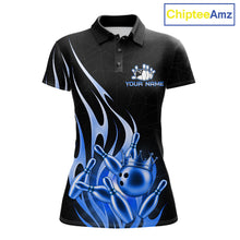 Load image into Gallery viewer, Black and blue bowling ball crown custom bowling polo shirt for women.