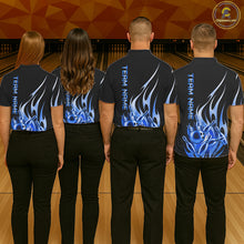 Load image into Gallery viewer, Back view of bowling team wearing matching black and blue bowling ball crown bowling league jerseys.