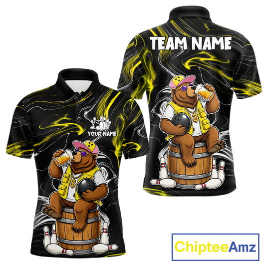 Funny beer bear bowling team polo shirt for men with humorous bowling graphics.