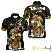 Load image into Gallery viewer, Funny beer bear bowling team polo shirt for men with humorous bowling graphics.