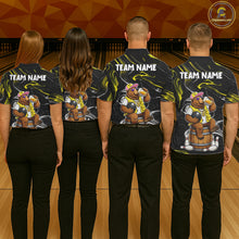 Load image into Gallery viewer, Back view of bowling team wearing matching funny beer bear bowling league jerseys.