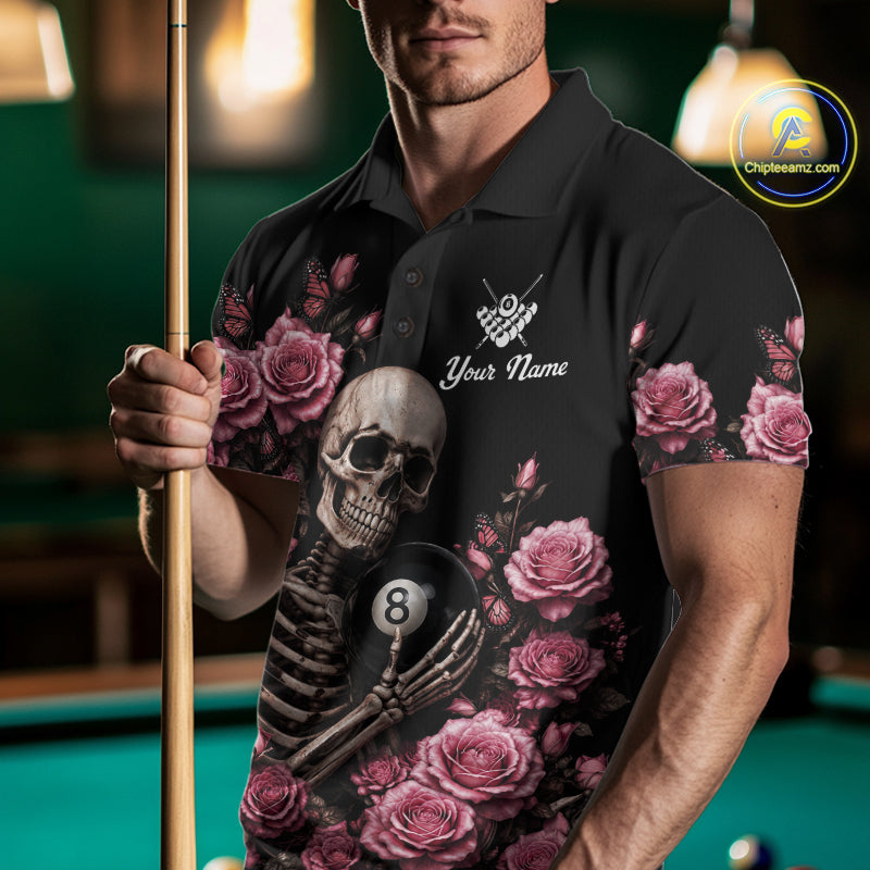 Man Wearing Custom Pink 8 Ball Pool Roses Skeleton Gothic Billiard Polo Shirt with Athletic Performance Fit and Premium Gothic Artwork, Front View