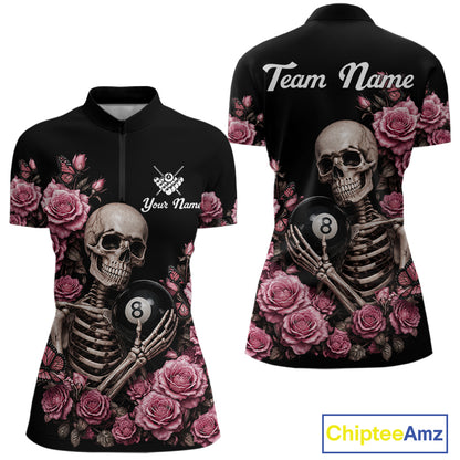 Custom Pink 8 Ball Pool Roses Skeleton Gothic Quarter Zip Billiard Shirt Created for Pool League Teams with Performance Fabric and Tournament Ready Comfort