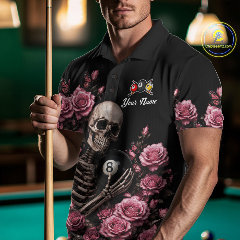 Man Wearing Custom Pink 8 Ball 9 Ball Roses Skeleton Gothic Billiard Polo Shirt with Athletic Performance Fit and Detailed Gothic Artwork, Front View