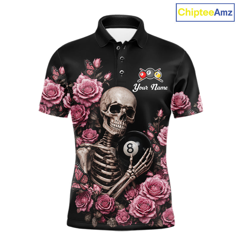 Custom Pink 8 Ball 9 Ball Roses and Skeleton Gothic Billiard Polo Shirt Featuring Elegant Gothic Artwork for Pool League Players, Team Competition, and Tournament Events