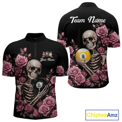 Custom Pink 8 Ball 9 Ball Roses Skeleton Gothic Quarter Zip Billiard Shirt Created for Pool League Teams with Performance Fabric and Tournament Ready Design