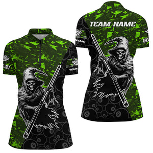 Personalized Green Abstract Death Skeleton Women Billiard Shirts, Halloween Scary Billiard Jerseys TDM2606