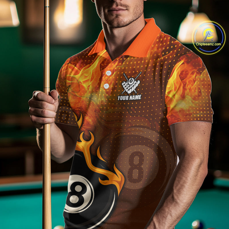 Orange Flaming 8 Ball Pool Billiard Shirt For Men Custom Fire Billiard Jersey Team Polo & 1/4 Zip TDM5316
