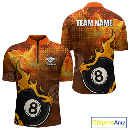 Orange Flaming 8 Ball Pool Billiard Shirt For Men Custom Fire Billiard Jersey Team Polo & 1/4 Zip TDM5316