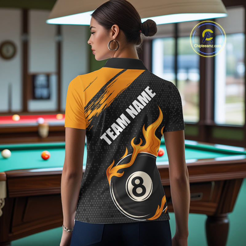 Black And Orange Flaming 8 Ball Billiard Shirt For Women Custom Pool Team Jersey Polo & 1/4 Zip TDM5317