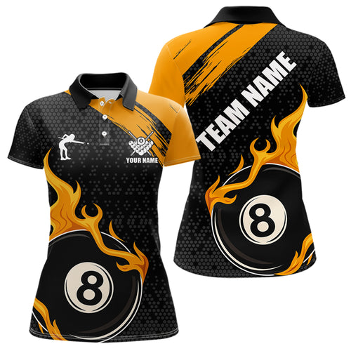 Black And Orange Flaming 8 Ball Billiard Shirt For Women Custom Pool Team Jersey Polo & 1/4 Zip TDM5317