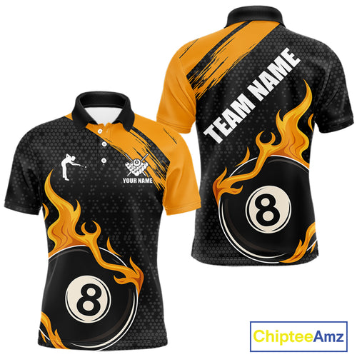 Black And Orange Flaming 8 Ball Billiard Shirt For Men Custom Pool Team Jersey Polo & 1/4 Zip TDM5317