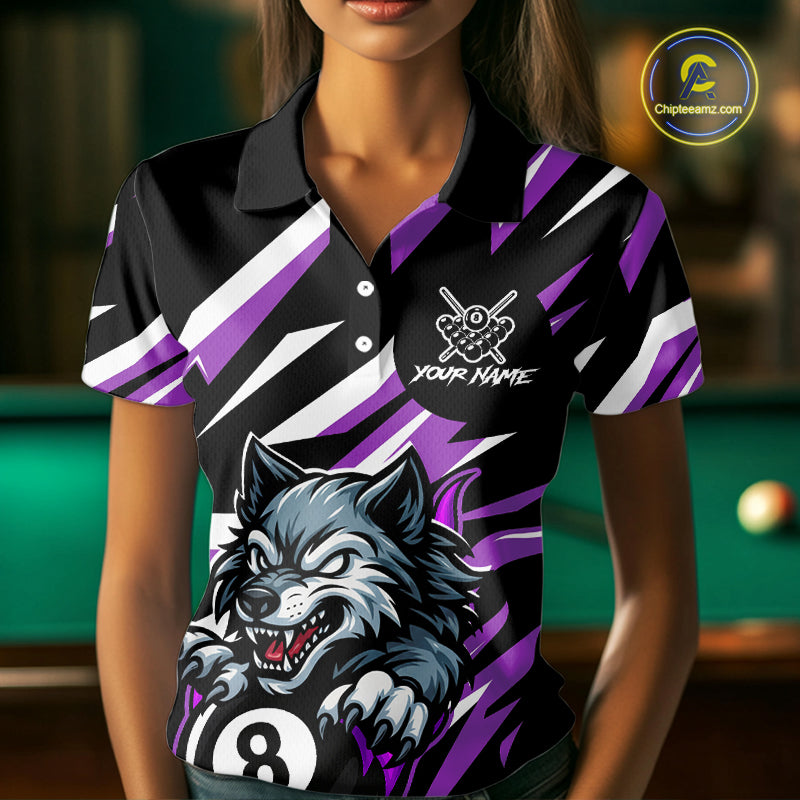 Black And Purple 8 Ball Wolf Billiard Shirt For Women Custom Billiard Jersey, Pool Team Shirt TDM5318