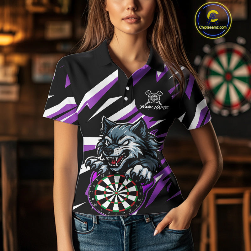 Personalized Wolf Darts Polo & Quarter Zip Custom Darts Shirt For Women, Darts Jersey |Purple TDM5319