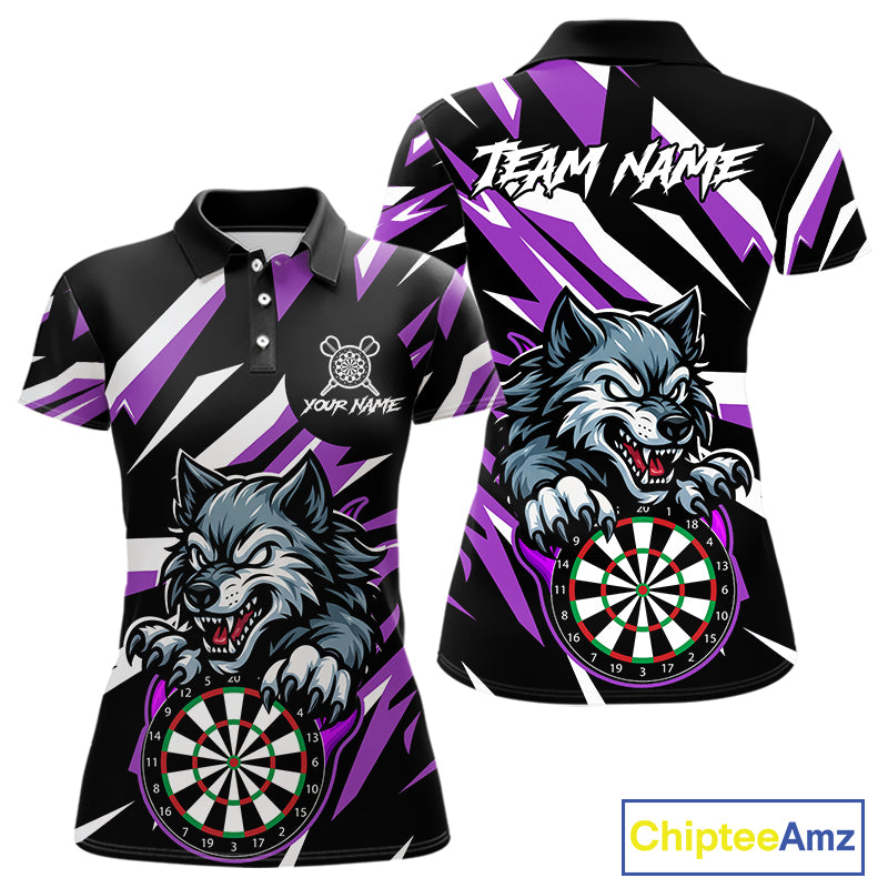 Personalized Wolf Darts Polo & Quarter Zip Custom Darts Shirt For Women, Darts Jersey |Purple TDM5319
