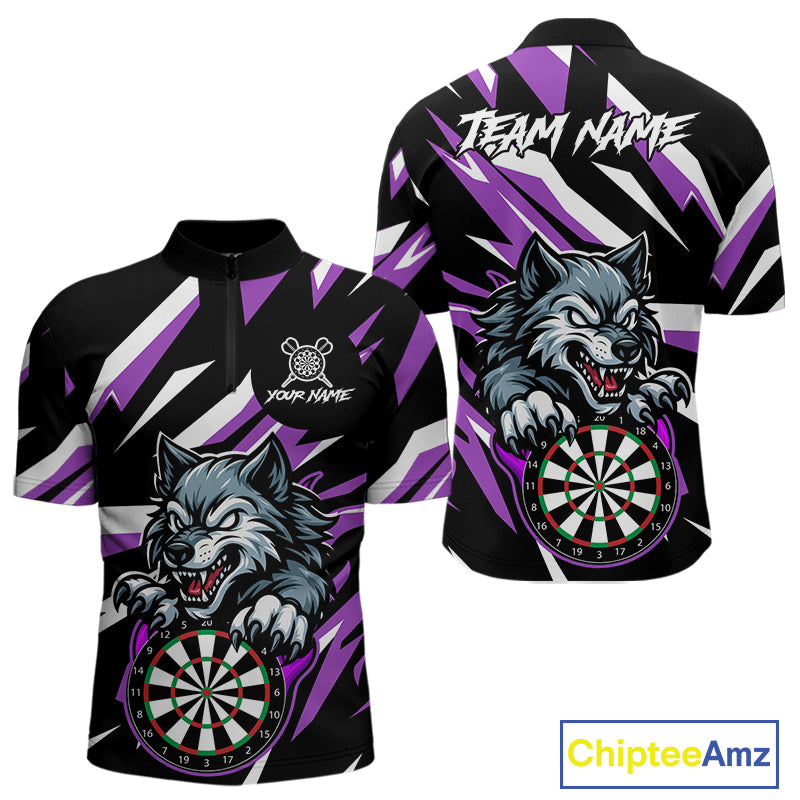 Personalized Wolf Darts Polo & Quarter Zip Custom Darts Shirt For Men, Darts Jersey |Purple TDM5319