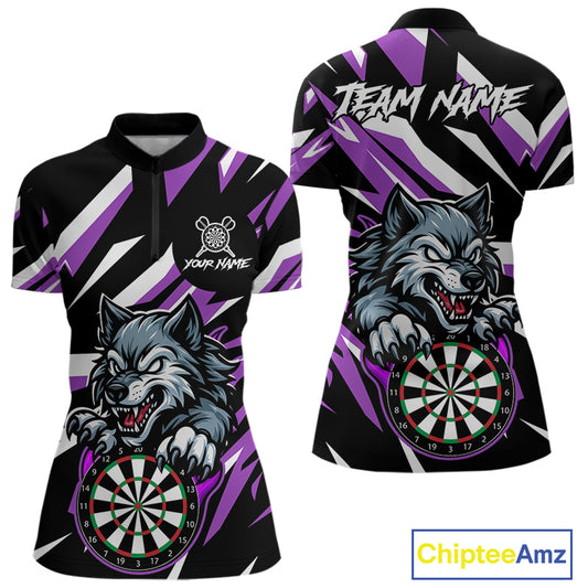 Personalized Wolf Darts Polo & Quarter Zip Custom Darts Shirt For Women, Darts Jersey |Purple TDM5319