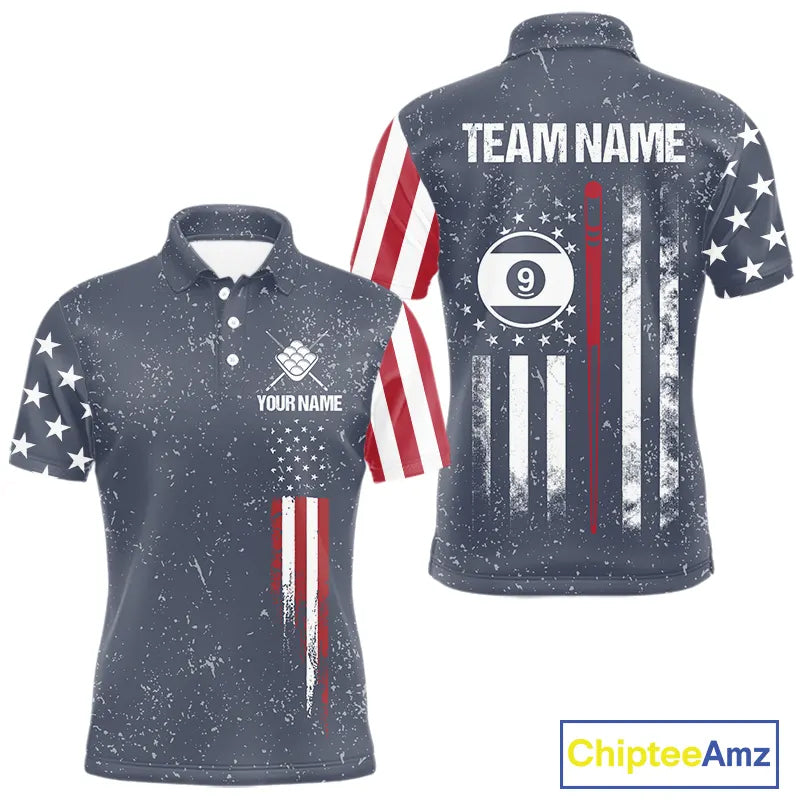 Grunge Navy American Flag 9 Ball Billiard Shirt For Men Custom Patriotic Billiard Shirt Pool Jersey TDM5578