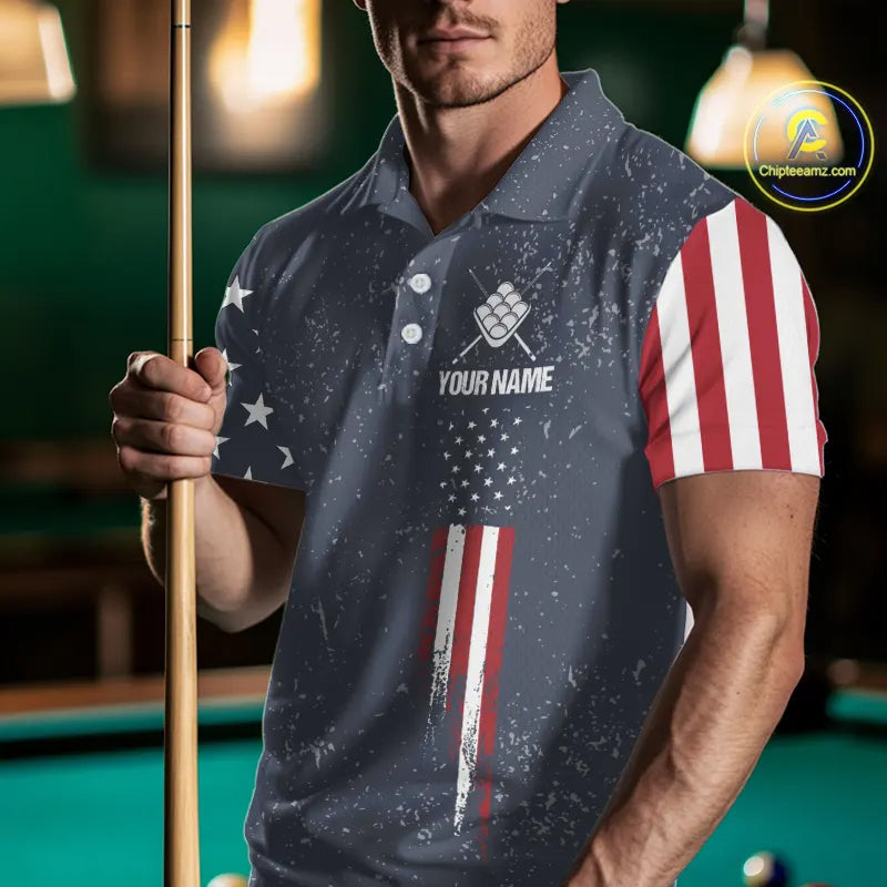Grunge Navy American Flag 9 Ball Billiard Shirt For Men Custom Patriotic Billiard Shirt Pool Jersey TDM5578