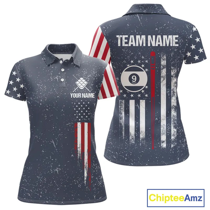 Grunge Navy American Flag 9 Ball Billiard Shirt For Women Custom Patriotic Billiard Shirt Pool Jersey TDM5578