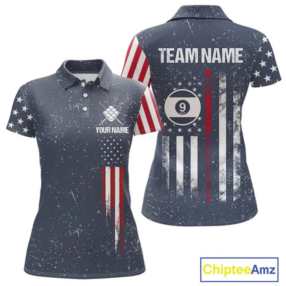 Grunge Navy American Flag 9 Ball Billiard Shirt For Women Custom Patriotic Billiard Shirt Pool Jersey TDM5578