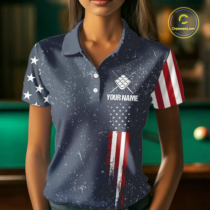 Grunge Navy American Flag 9 Ball Billiard Shirt For Women Custom Patriotic Billiard Shirt Pool Jersey TDM5578