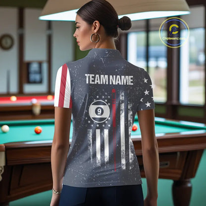 Grunge Navy American Flag 9 Ball Billiard Shirt For Women Custom Patriotic Billiard Shirt Pool Jersey TDM5578