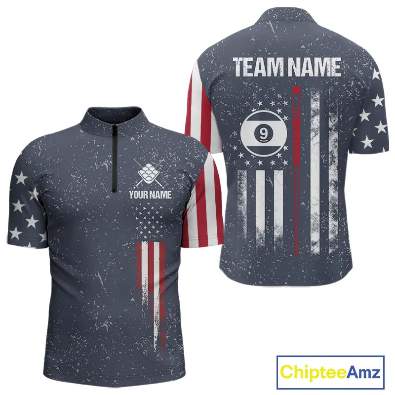 Grunge Navy American Flag 9 Ball Billiard Shirt For Men Custom Patriotic Billiard Shirt Pool Jersey TDM5578