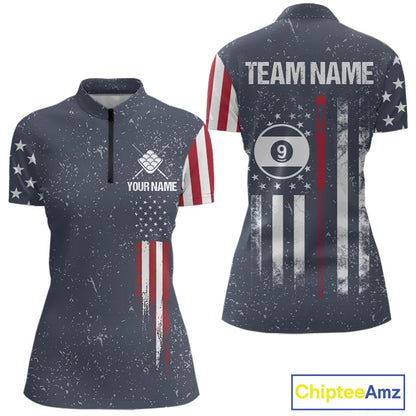 Grunge Navy American Flag 9 Ball Billiard Shirt For Women Custom Patriotic Billiard Shirt Pool Jersey TDM5578