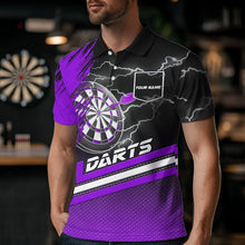 Load image into Gallery viewer, Black And Purple Darts Shirts For Men Custom Lightning Dart Polo &amp; Quarter Zip, Cool Dart Jerseys TDM3499