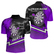 Load image into Gallery viewer, Black And Purple Darts Shirts For Men Custom Lightning Dart Polo &amp; Quarter Zip, Cool Dart Jerseys TDM3499
