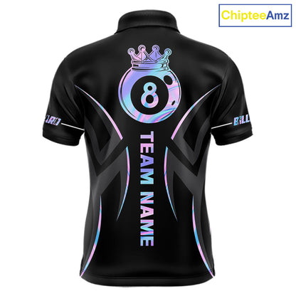 Custom Holographic 8 Ball Crown Billiard Shirts For Men, Pool Team Jersey Polo & 1/4 Zip |Black TDM6191