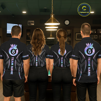 Custom Holographic 8 Ball Crown Billiard Shirts For Men, Pool Team Jersey Polo & 1/4 Zip |Black TDM6191
