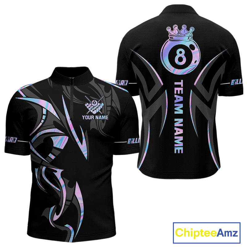 Custom Holographic 8 Ball Crown Billiard Shirts For Men, Pool Team Jersey Polo & 1/4 Zip |Black TDM6191