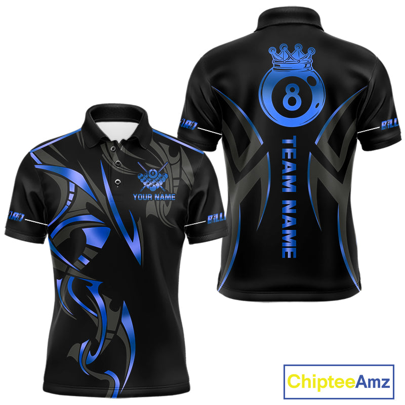 Custom Blue 8 Ball Pool Crown Billiard Shirts For Men, Billiard Team Jersey Polo & 1/4 Zip |Black TDM6192