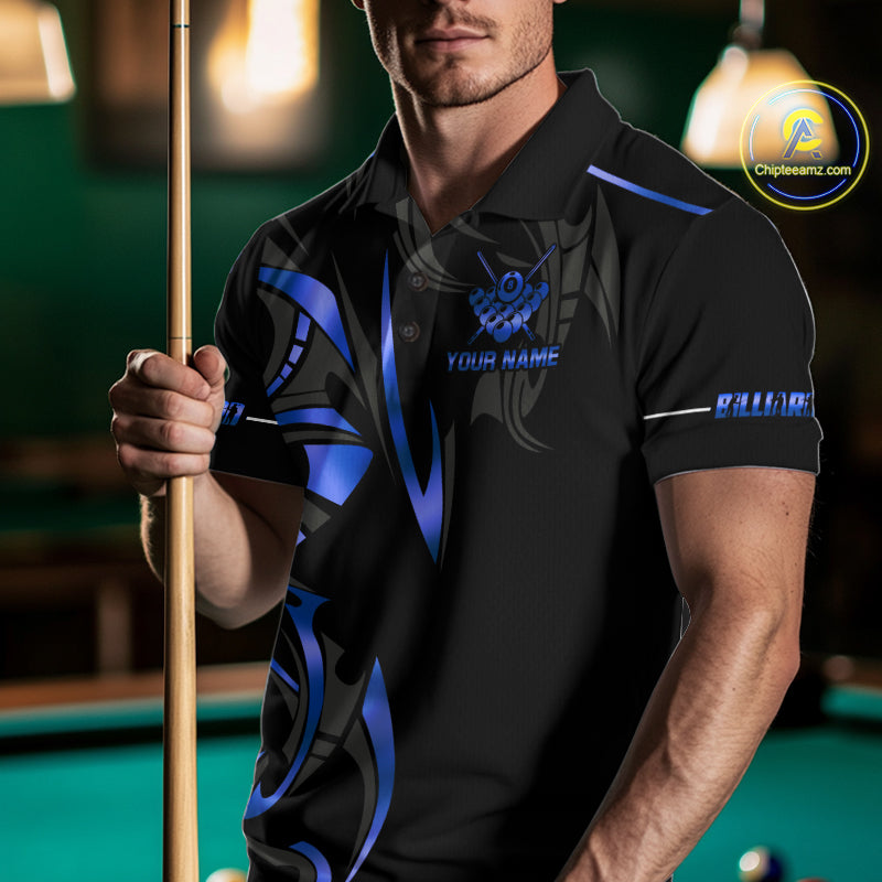 Custom Blue 8 Ball Pool Crown Billiard Shirts For Men, Billiard Team Jersey Polo & 1/4 Zip |Black TDM6192