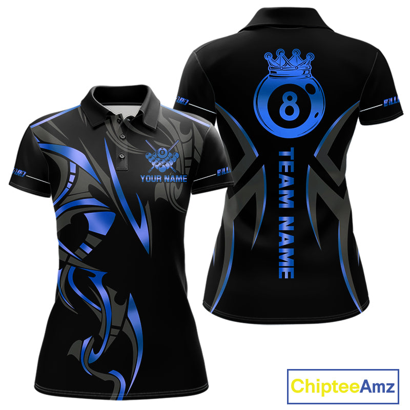 Custom Blue 8 Ball Pool Crown Billiard Shirts For Women, Billiard Team Jersey Polo & 1/4 Zip |Black TDM6192