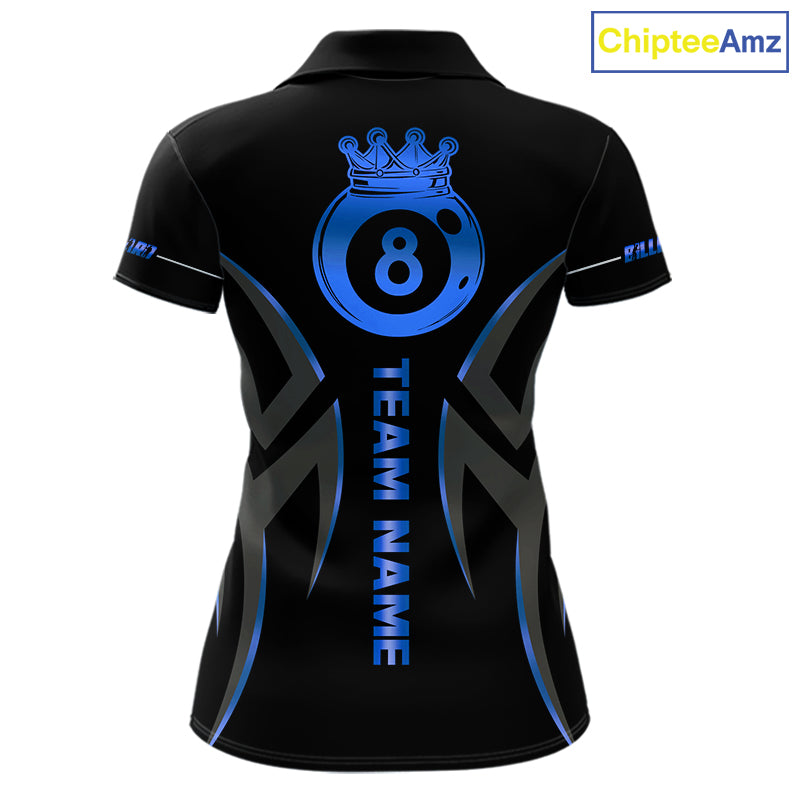 Custom Blue 8 Ball Pool Crown Billiard Shirts For Women, Billiard Team Jersey Polo & 1/4 Zip |Black TDM6192