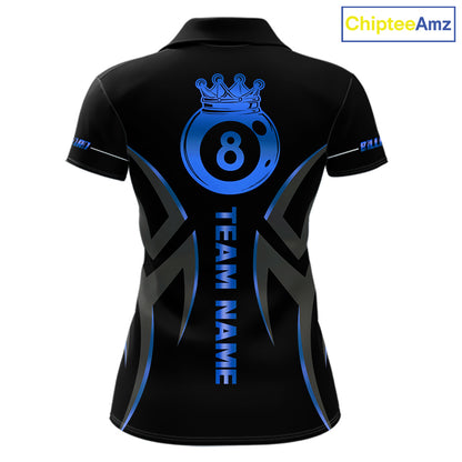 Custom Blue 8 Ball Pool Crown Billiard Shirts For Women, Billiard Team Jersey Polo & 1/4 Zip |Black TDM6192