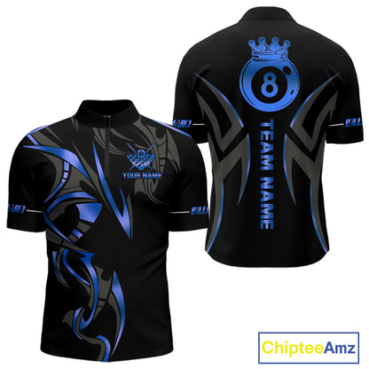 Custom Blue 8 Ball Pool Crown Billiard Shirts For Men, Billiard Team Jersey Polo & 1/4 Zip |Black TDM6192