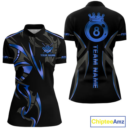 Custom Blue 8 Ball Pool Crown Billiard Shirts For Women, Billiard Team Jersey Polo & 1/4 Zip |Black TDM6192