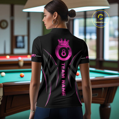 Custom Pink 8 Ball Pool Crown Billiard Shirts For Women, Billiard Team Jersey Polo & 1/4 Zip |Black TDM6193