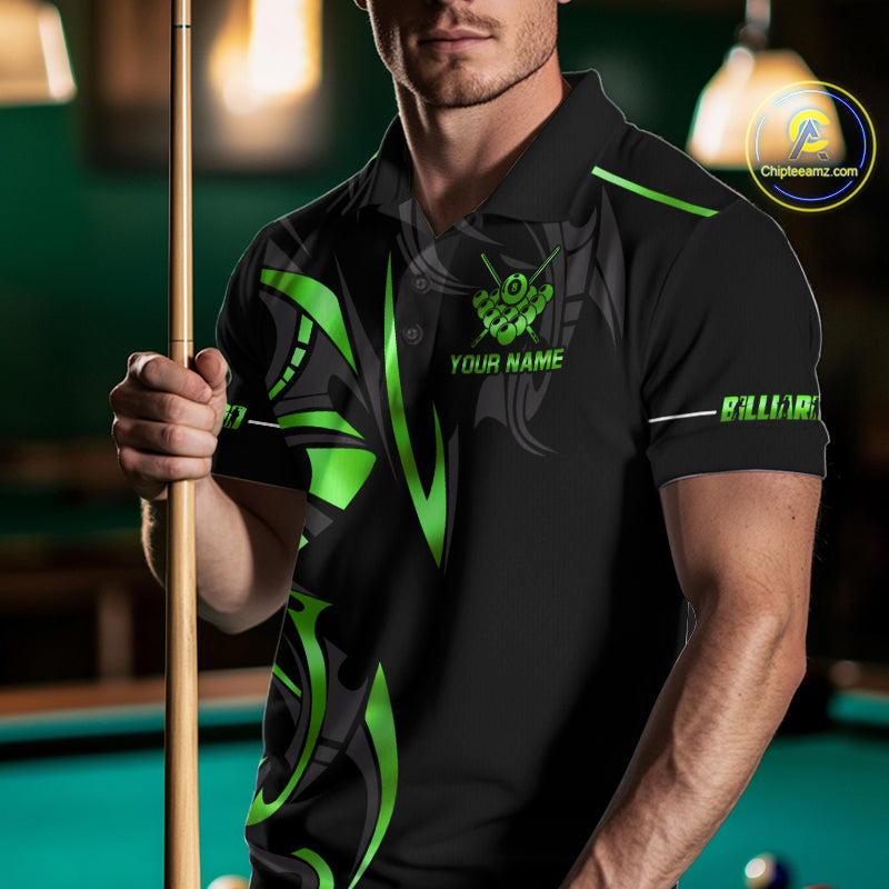 Custom Green 8 Ball Pool Crown Billiard Shirts For Men, Billiard Team Jersey Polo & 1/4 Zip |Black TDM6194