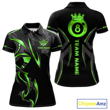 Load image into Gallery viewer, Custom Green 8 Ball Pool Crown Billiard Shirts For Women, Billiard Team Jersey Polo &amp; 1/4 Zip |Black TDM6194