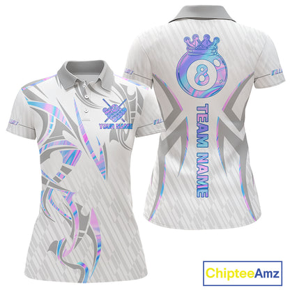 Custom Holographic 8 Ball Crown Billiard Shirts For Women, Pool Team Jersey Polo & 1/4 Zip |White TDM6195