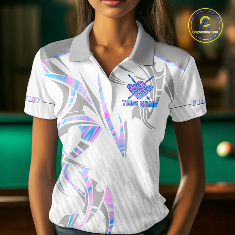 Custom Holographic 8 Ball Crown Billiard Shirts For Women, Pool Team Jersey Polo & 1/4 Zip |White TDM6195