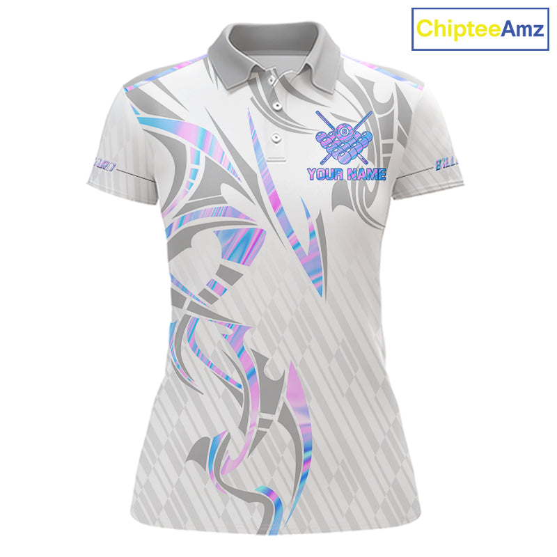 Custom Holographic 8 Ball Crown Billiard Shirts For Women, Pool Team Jersey Polo & 1/4 Zip |White TDM6195