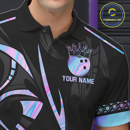 Custom Holographic Crown Bowling Ball Polo & Quarter Zip Shirt For Men, Bowling Team Jersey |Black TDM6196